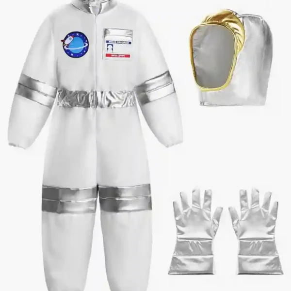 Combinaison d'astronaute blanche pour enfant avec détails argentés, écussons spatiaux, casque souple et gants assortis.