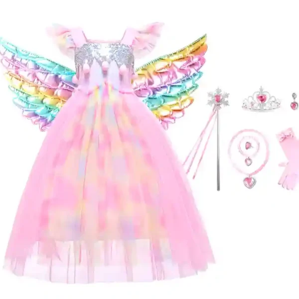 Kit déguisement fée rose complet comprenant : robe en tulle, ailes arc-en-ciel, couronne, baguette, gants, boucles d'oreilles et collier.