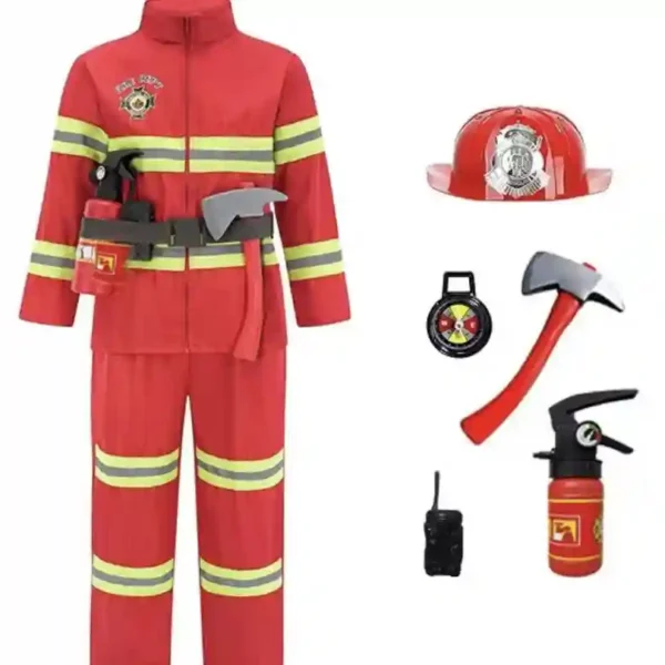 Costume de pompier rouge pour enfant avec bandes réfléchissantes jaunes. Kit complet incluant casque rigide, extincteur, hache, talkie-walkie, boussole et ceinture porte-outils.