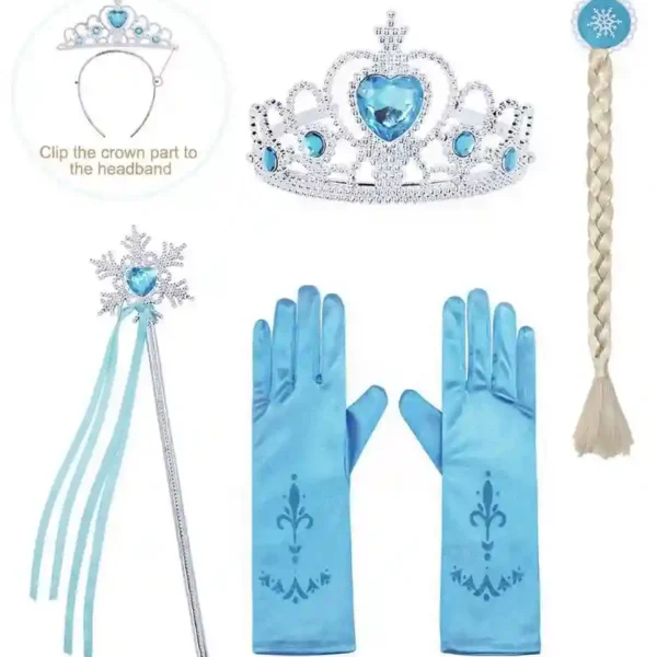 Kit complet d'accessoires de princesse des glaces comprenant une couronne argentée à pierres bleues, une baguette magique flocon, des gants en satin bleu et une tresse blonde à clip.