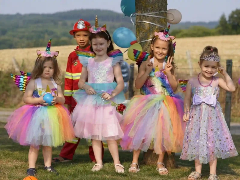 Groupe de cinq enfants déguisés posant joyeusement devant un arbre lors d'une fête d'anniversaire. On voit trois robes de licorne arc-en-ciel avec ailes, un costume de pompier rouge complet et une robe de princesse scintillante à étoiles.
