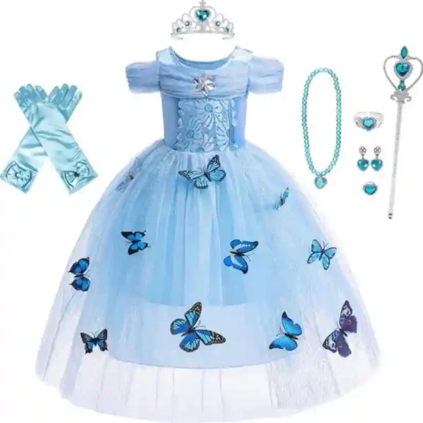 Robe de princesse bleue en tulle ornée de papillons en relief, vendue avec gants en satin, diadème, baguette et parure de bijoux assortie