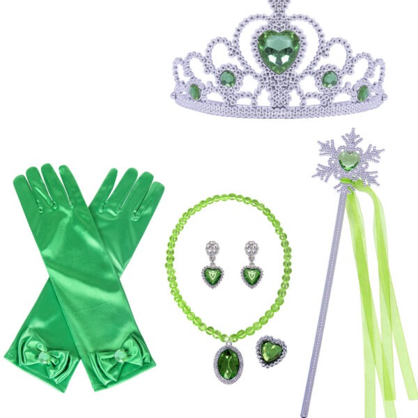 Lot accessoires princesse Anna vert, petite fille 2-6ans, costume enfant petit prix pas cher, baguette, couronne, bijoux, collier, bracelet, gant, carnaval, fête école, Noel, enfant, costume princesse, taille 2,3,4,5,6ans, fête costumée, idée cadeau anniversaire, enfant déguisé, rêves,