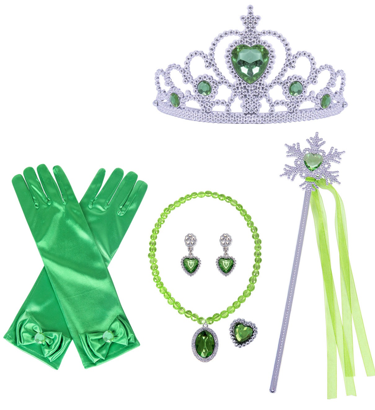Lot accessoires princesse Anna vert, petite fille 2-6ans, costume enfant petit prix pas cher, baguette, couronne, bijoux, collier, bracelet, gant, carnaval, fête école, Noel, enfant, costume princesse, taille 2,3,4,5,6ans, fête costumée, idée cadeau anniversaire, enfant déguisé, rêves,