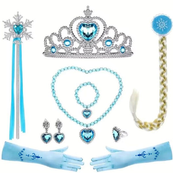 Lot accessoires princesse bleu Elsa la reine des neiges, petite fille 2-6ans, costume enfant petit prix pas cher, baguette, couronne, bijoux, tresse, gant, carnaval, fête école, Noel, enfant, costume princesse la reine des glaces, taille 2-6ans, fête costumée, cadeau, enfant déguisé, rêves, imagination,