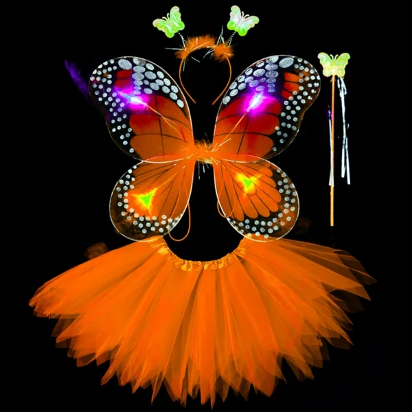 Déguisement papillon orange, aile à LED jupette froufrou, ensemble jupette petite fille pas cher, 2-6ans, facile a enfiler, costume enfant, magnifique ensemble LED, serre tête papillon, baguette, carnaval, fête école, Noel, enfant, accessoires, costume, taille 2-6ans, fête costumée, cadeau, enfant déguisé, rêves, imagination,