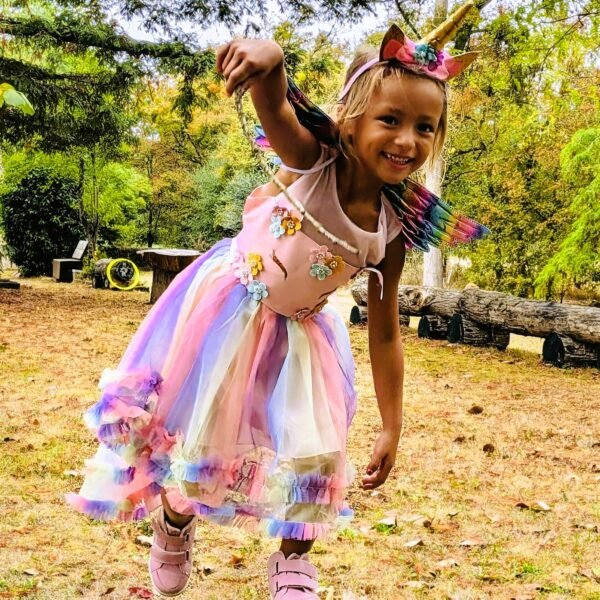 Déguisement Licorne rose petite fille magnifique robe princesse dégradé couleur, accessoires licorne, ailes multicolores, serre tête, idée cadeau anniversaire déguisé, costume bonne qualité, pas cher, petit prix accessoires, costume, taille 2,3,4,5,6,7,8,9,10ans, fête costumée, thème robe licorne, cadeau, enfant déguisé, carnaval, fête école, monde féerique, Noel, rêves, imagination, aventure magique