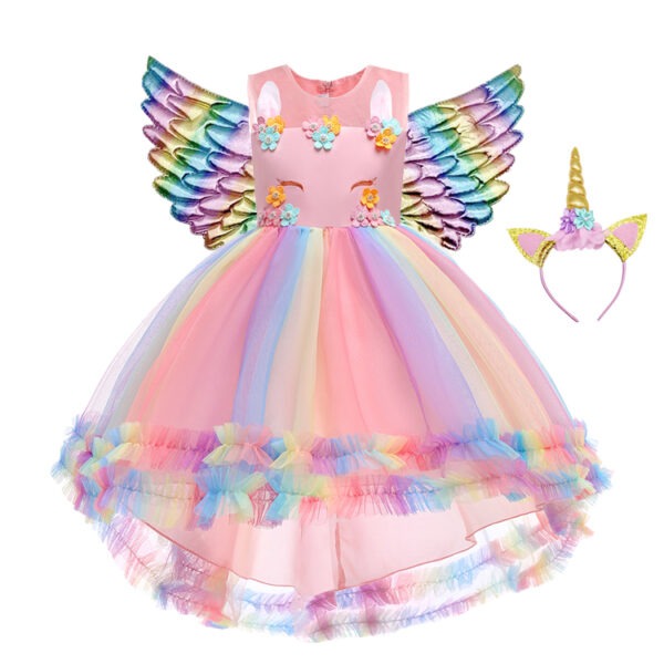 Déguisement Licorne rose petite fille magnifique robe princesse dégradé couleur, accessoires licorne, ailes multicolores, serre tête, idée cadeau anniversaire déguisé, costume bonne qualité, pas cher, petit prix accessoires, costume, taille 2,3,4,5,6,7,8,9,10ans, fête costumée, thème robe licorne, cadeau, enfant déguisé, carnaval, fête école, monde féerique, Noel, rêves, imagination, aventure magique