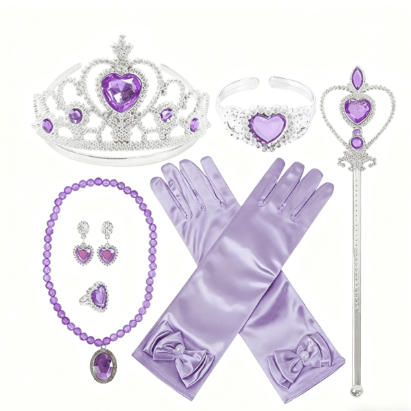 Lot accessoires princesse violette Raiponce, petite fille 2-6ans, costume enfant petit prix pas cher, baguette, couronne, bijoux, collier, bracelet, gant, carnaval, fête école, Noel, enfant, costume princesse, taille 2-6ans, fête costumée, cadeau, enfant déguisé, rêves, imagination,