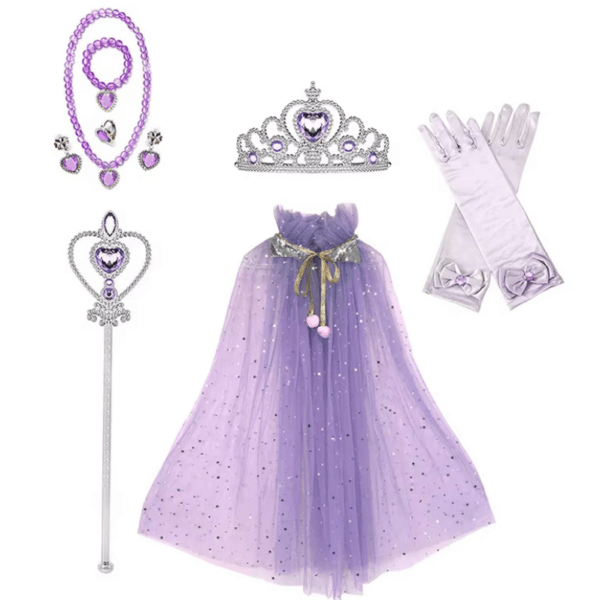 Lot accessoires princesse violet Raiponce, petite fille 2,3,4,5,6ans, costume enfant petit prix pas cher, cape princesse, baguette, couronne, bijoux, collier, bracelet, gant, carnaval, fête école, Noel, enfant, costume, taille 2-6ans, fête costumée, cadeau, enfant déguisé, rêves, imagination,