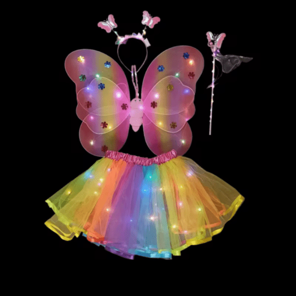 Déguisement papillon multicolores aile et jupette à LED, jupette froufrou lumière LED, ensemble jupette petite fille 2-6ans, facile a enfiler, costume enfant petit prix pas cher, magnifique ensemble LED, serre tête papillon, baguette, carnaval, fête école, Noel, accessoires, costume, taille 2,3,4,5,6ans, fête costumée, idée cadeau anniversaire, enfant déguisé, rêves, imagination,