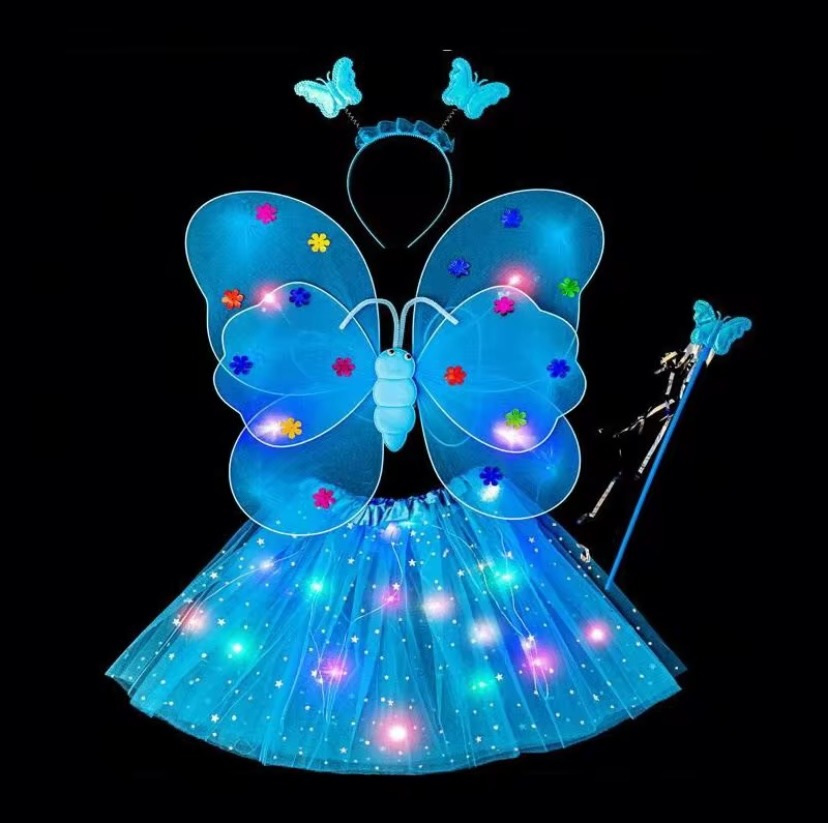 Déguisement papillon bleu, aile et jupette à LED, jupette froufrou lumière LED, ensemble jupette petite fille 2-6ans, facile a enfiler, costume enfant pas cher, magnifique ensemble LED, serre tête papillon, baguette, carnaval, fête école, Noel, enfant, accessoires, costume, taille 2-6ans, fête costumée, cadeau, enfant déguisé, rêves, imagination,