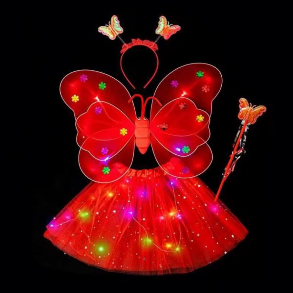 Déguisement papillon rouge, aile et jupette à LED, jupette froufrou lumière LED, ensemble jupette petite fille 2-6ans, facile a enfiler, costume enfant petit prix pas cher, magnifique ensemble LED, serre tête papillon, baguette, carnaval, fête école, Noel, enfant, accessoires, costume, taille 2-6ans, fête costumée, cadeau, enfant déguisé, rêves, imagination,