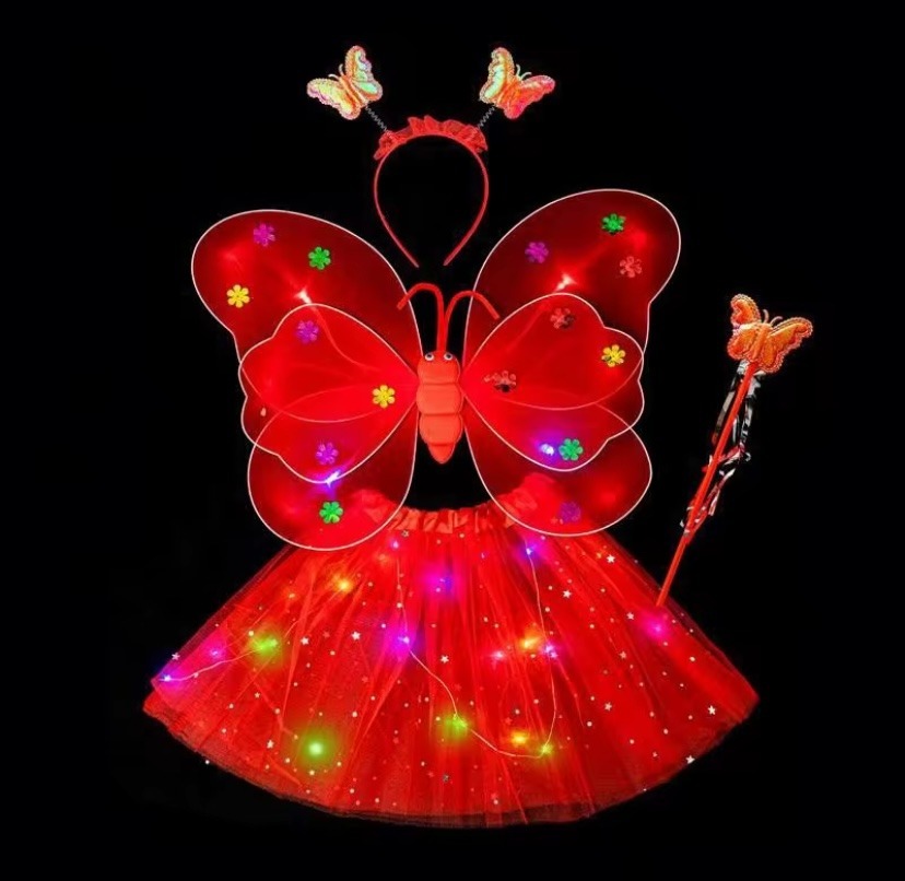 Déguisement papillon rouge, aile et jupette à LED, jupette froufrou lumière LED, ensemble jupette petite fille 2-6ans, facile a enfiler, costume enfant petit prix pas cher, magnifique ensemble LED, serre tête papillon, baguette, carnaval, fête école, Noel, enfant, accessoires, costume, taille 2-6ans, fête costumée, cadeau, enfant déguisé, rêves, imagination,