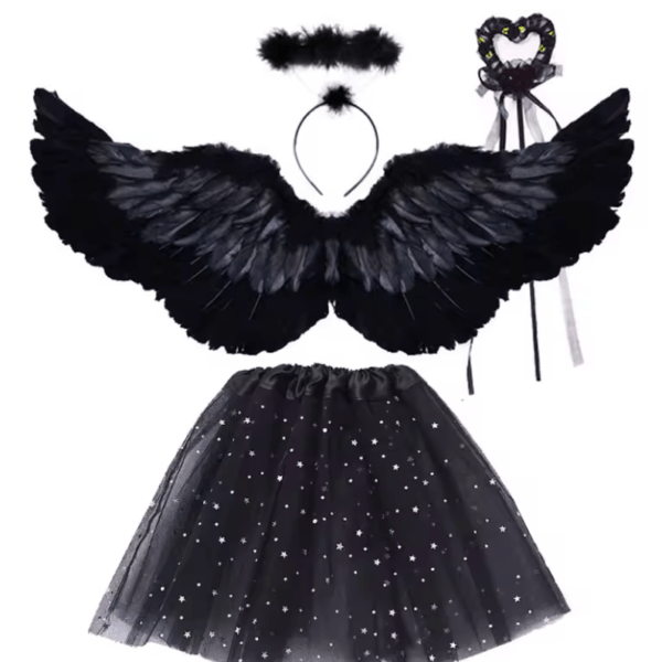 Déguisement ange noir, ensemble jupette 2-6ans petite fille pas cher enfant magnifique accessoires princesse, carnaval, noël, fête école, serre tête, baguette, sourire enfant, bonheur, costume, taille 2-6ans, fête costumée, cadeau, enfant déguisé, rêves, imagination,