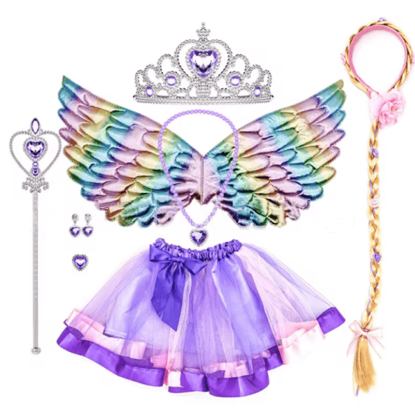 Déguisement ensemble licorne aile multicolores, jupette tutu, accessoires , ensemble jupette 2-6ans fille, petit prix, pas cher enfant magnifique ensemble, serre tête, baguette, bijoux, sourire enfant, bonheur, accessoires, costume, taille 2-6ans, fête costumée, cadeau, enfant déguisé, rêves, imagination,