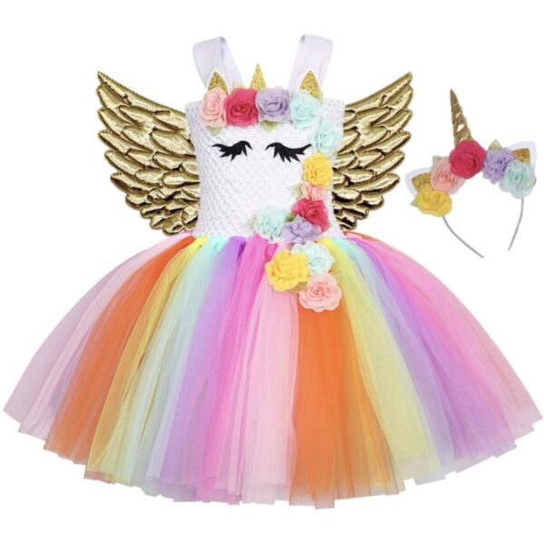 Déguisement Licorne petite fille enfant magnifique robe princesse fleurs multicolores, froufrou, bustier élastique, serre tête licorne, ailes, sourire enfant, anniversaire déguisé, bonheur, accessoires costume, taille 2-8ans, fête costumée, thème robe licorne, cadeau, enfant déguisé, carnaval, fête école, monde féerique, Noel, rêves, imagination,