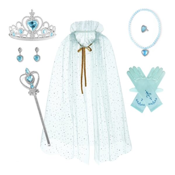 Lot accessoires princesse bleu Elsa la reine des neiges, petite fille 2,3,4,5,6ans, costume enfant petit prix pas cher, cape princesse la reine des glaces, baguette, couronne, bijoux, collier, bracelet, gant, carnaval, fête école, Noel, enfant, costume bonne qualité, taille 2-6ans, fête costumée, cadeau, enfant déguisé, rêves, imagination,
