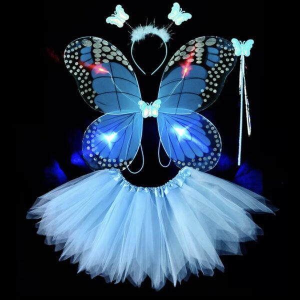 Déguisement papillon bleu, aile à LED jupette froufrou, ensemble jupette petite fille pas cher 2-6ans, facile a enfiler, costume enfant, magnifique ensemble LED, serre tête papillon, baguette, carnaval, fête école, Noel, enfant, accessoires, costume, taille 2-6ans, fête costumée, cadeau, enfant déguisé, rêves, imagination,