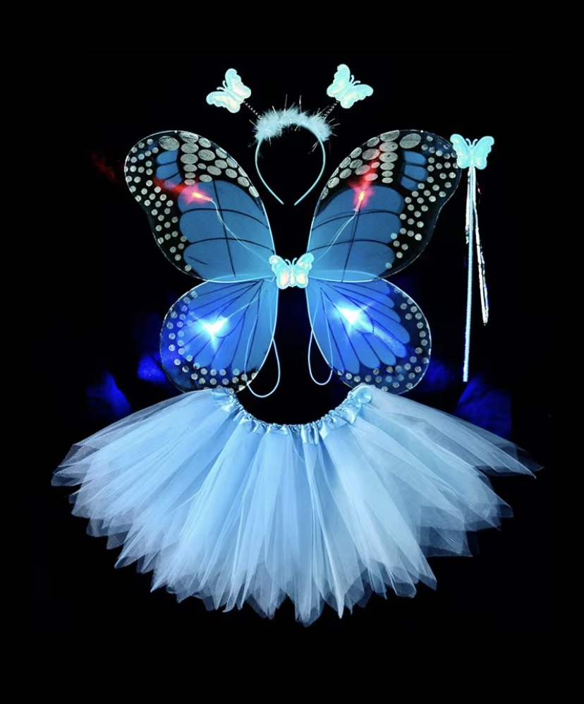 Déguisement papillon bleu, aile à LED jupette froufrou, ensemble jupette petite fille pas cher 2-6ans, facile a enfiler, costume enfant, magnifique ensemble LED, serre tête papillon, baguette, carnaval, fête école, Noel, enfant, accessoires, costume, taille 2-6ans, fête costumée, cadeau, enfant déguisé, rêves, imagination,