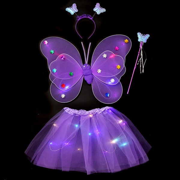 Déguisement papillon violet aile et jupette à LED, jupette froufrou lumière LED, ensemble jupette petite fille 2-6ans, facile a enfiler, costume enfant petit prix pas cher, magnifique ensemble LED, serre tête papillon, baguette, carnaval, fête école, Noel, enfant, accessoires, costume, taille 2-6ans, fête costumée, cadeau, enfant déguisé, rêves, imagination,