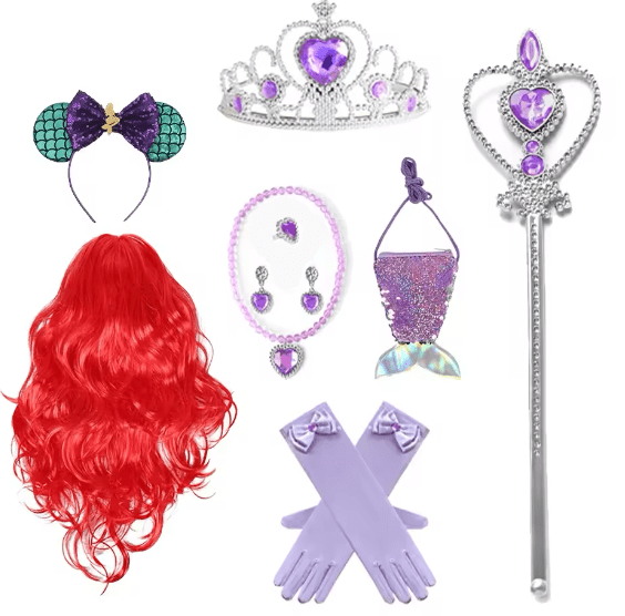 Lot accessoires princesse sirène perruque rouge, petite fille 2-6ans, costume enfant petit prix pas cher, baguette, couronne, bijoux, collier, bracelet, gant, carnaval, fête école, Noel, enfant, costume princesse sirène, taille 2,3,4,5,6ans, fête costumée, idée cadeau anniversaire, enfant déguisé, rêves,