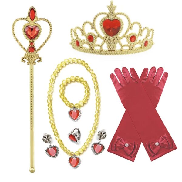 Lot accessoires princesse rouge doré petite fille 2-6ans, costume enfant petit prix pas cher, baguette, couronne, bijoux, collier, bracelet, gant, carnaval, fête école, Noel, enfant, costume princesse, taille 2-6ans, fête costumée, cadeau, enfant déguisé, rêves, imagination,