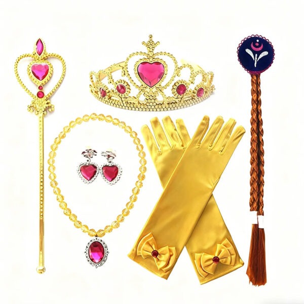 Lot accessoires princesse jaune doré la belle et la bête petite fille 2-6ans, costume enfant petit prix pas cher, baguette, couronne, bijoux, tresse, gant, carnaval, fête école, Noel, enfant, costume princesse, taille 2-6ans, fête costumée, cadeau, enfant déguisé, rêves, imagination,