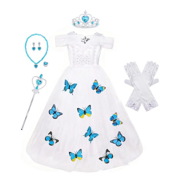 Déguisement petite fille robe princesse blanche papillon, cadeau anniversaire déguisé, accessoires princesse, couronne, baguette, bijoux, costume bonne qualité pas cher, taille 2,3,4,5,6,7,8,9,10ans, fête costumée, thème robe papillon, cadeau, enfant déguisé, carnaval, fête école, monde féerique, Noel