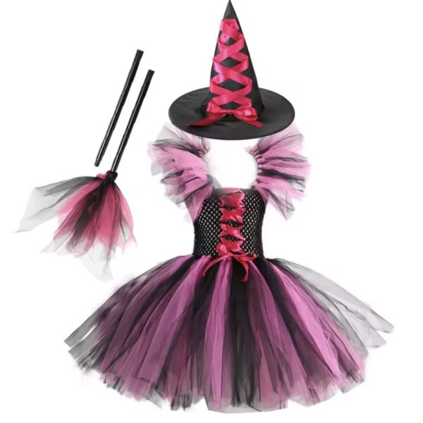 Déguisement robe sorcière Halloween rose et accessoires