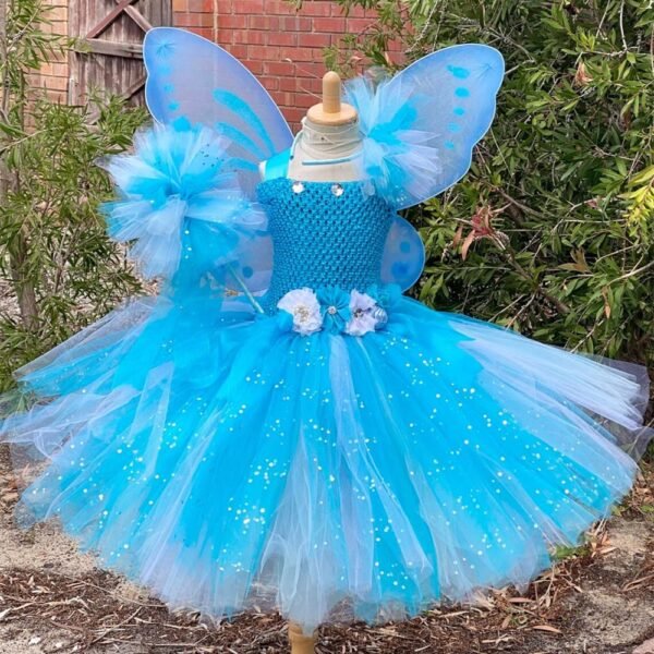 Déguisement petite fille magnifique robe princesse bleu aile de papillon, jupe tutu fée, anniversaire déguisé, accessoires princesse, baguette, serre tête costume bonne qualité pas cher petit prix, taille 2,3,4,5,6,7,8,9,10ans, fête costumée, thème robe papillon, idée cadeau, enfant déguisé, carnaval, fête école, monde féerique, Noel, rêves,